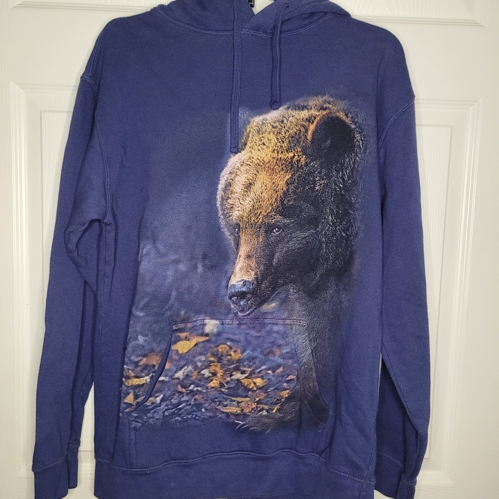 Men Size Small The Mountain Bear Pullover Hooded Sweater Color Blue